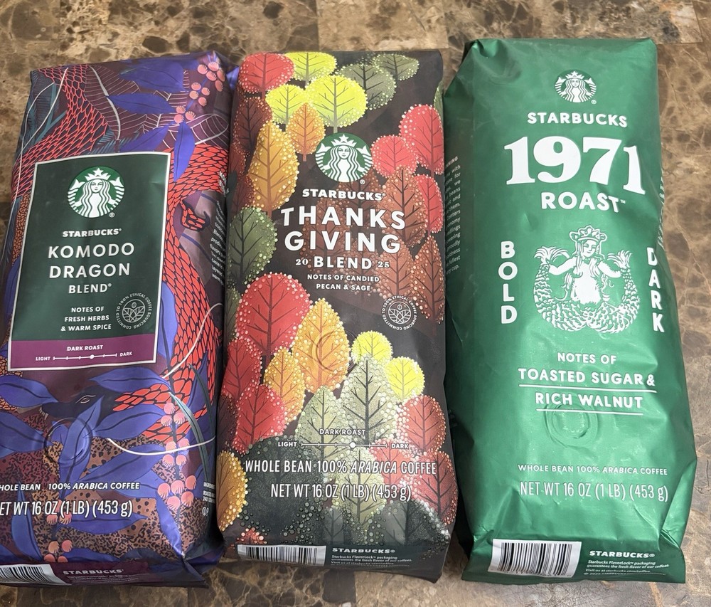 3 Starbucks Whole Bean Coffee Variety – Komodo Dragon, Thanksgiving, 1971 Roast