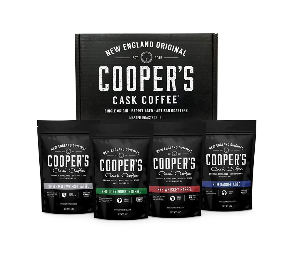 Bourbon Whiskey Barrel Aged Coffee Box Set 4 Whole Bean Single Origin Gift