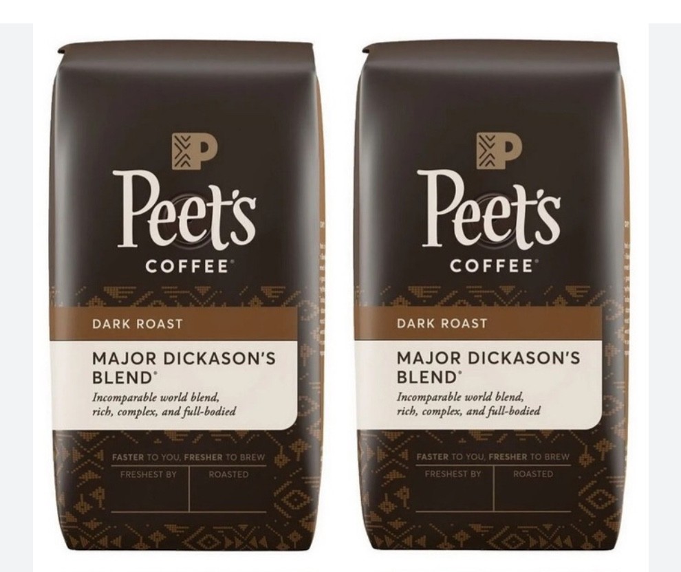 2 Packs Peet’s Coffee Major Dickason’s Blend Deep Roast, Whole Bean, 32 oz. each