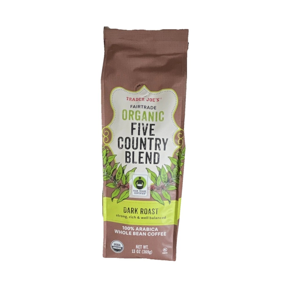 Trader Joe’s Organic Five Country Blend Fair Trade Dark Roast Whole Bean 13 oz