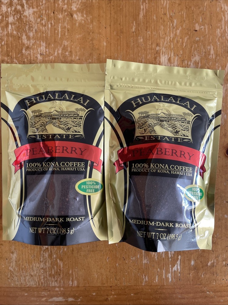 2 Pack 100% KONA PEABERRY COFFEE Hualalai Estate GROUND 7oz Each PESTICIDE FREE