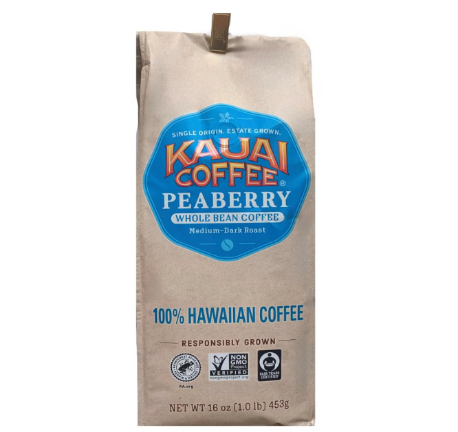 Kauai Coffee 100% Hawaiian Peaberry Whole Bean Coffee – 1 lb