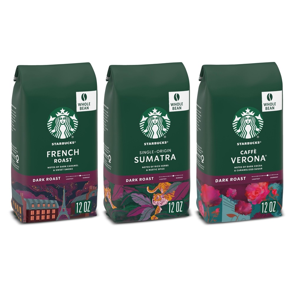 Starbucks Dark Roast Whole Bean Coffee Variety Pack 12 Ounce 3 Bags