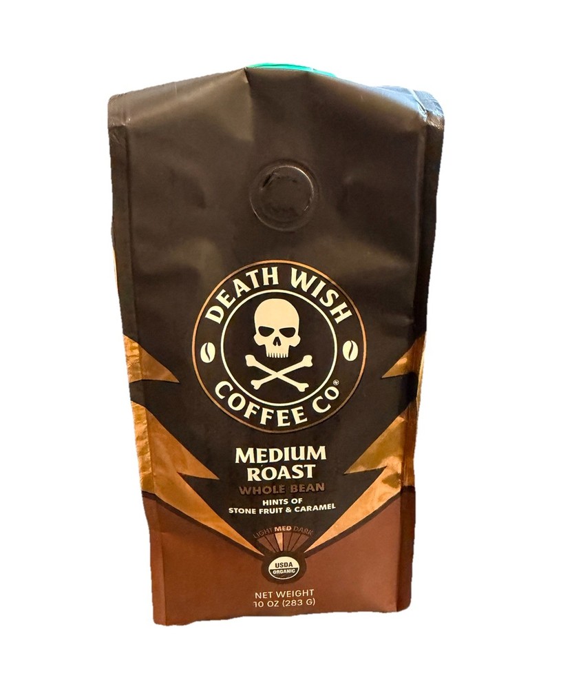 Death Wish Coffee, Organic ~ Fair Trade ~ Medium Roast ~ Whole Bean 10oz Bag