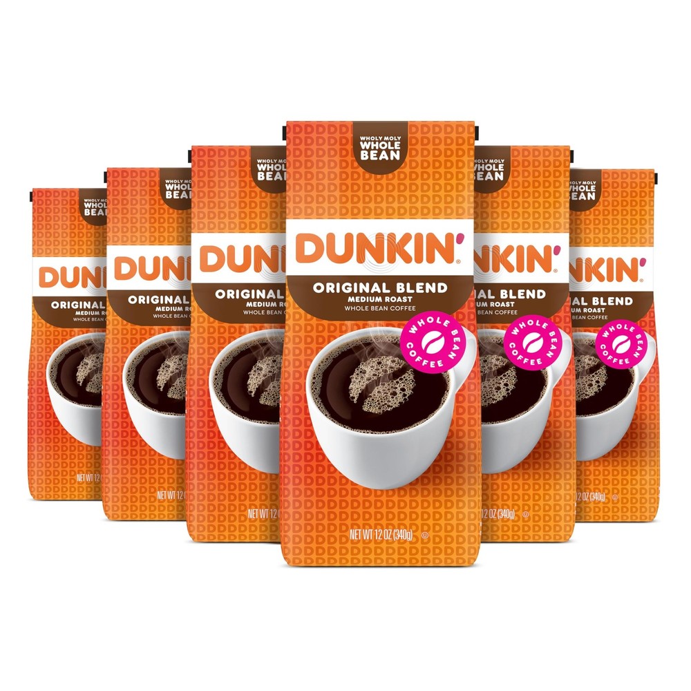Dunkin’ Original Blend Medium Roast Whole Bean Coffee, 12 Ounce (Pack of 6)