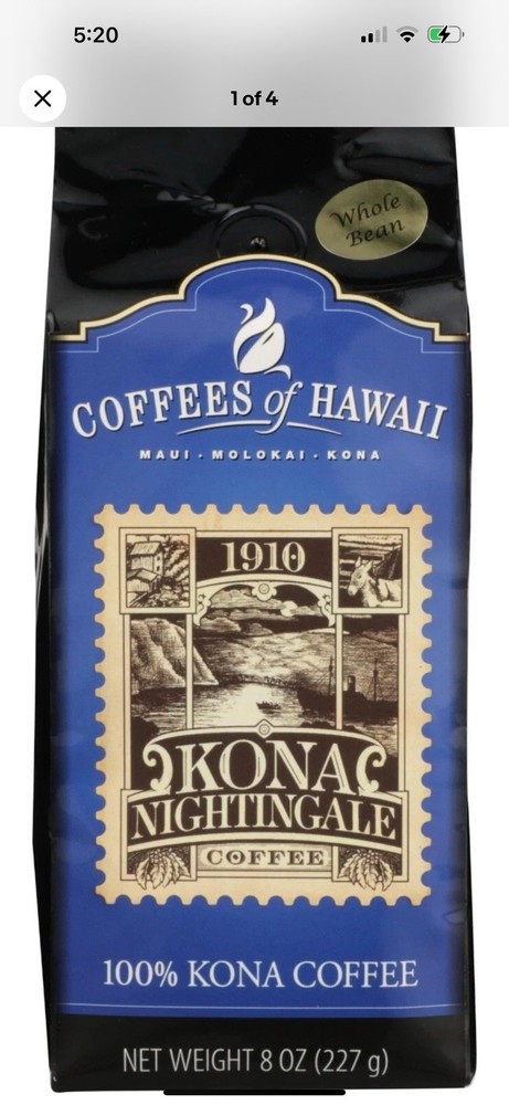 COFFEES OF HAWAII Kona Nightingale Whole Bean Coffee, 8 OZ (0.5 Lb)