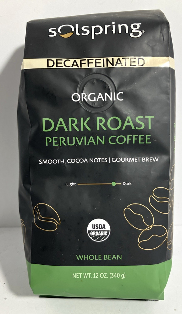 Solspring Organic Peruvian Dark Roast Coffee, 12 oz Decaf Whole Bean 11/15/25