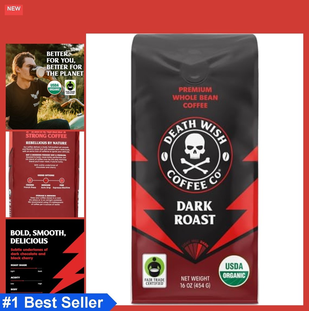 Whole Bean Coffee Dark Roast 16oz USDA Organic Fair Trade High Caffeine Arabica