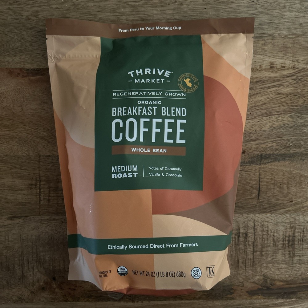 24oz! Thrive Market Organic Breakfast Blend Whole Bean Coffee Medium Roast -Peru