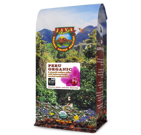 Java Planet Low Acid Coffee Whole Bean Peru Medium Dark Organic 16oz