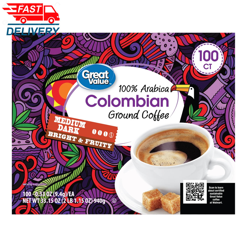 100% Arabica Colombian Medium Dark Roast Ground Coffee Pods, 33.1 Oz, 100 Count