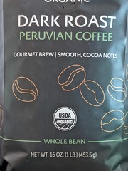 Solspring Organic Peruvian Dark Roast Coffee, 16 oz Decaf Whole Bean Qty 12