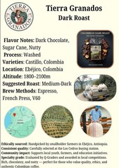 Tierra Granados Colombian Whole Bean Specialty Coffee Dark Roast 250g, 8.8oz bag