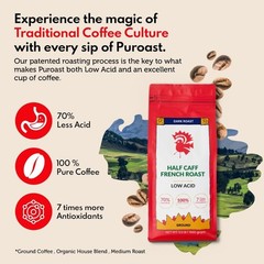 Puroast Low Acid Coffee Half Caff | Half Caff French Roast Ground | Dark Roast |