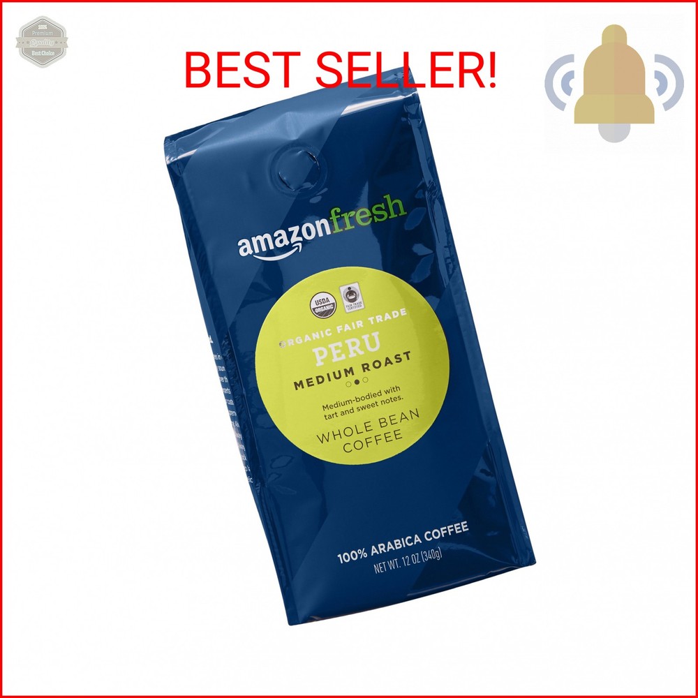 Amazon Fresh, Organic Fair Trade Peru Whole Bean Coffee, Medium Roast, 12 Oz