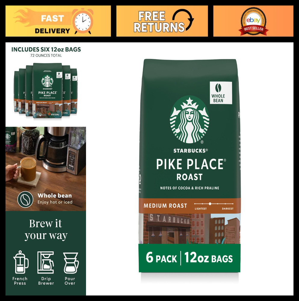 Medium Roast Whole Coffee Beans for Hot/Iced Coffee – Pike Place, 6 x 12oz Bags