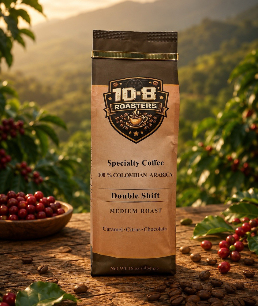 10-8 Roasters, Double Shift Medium Roast, Whole Bean Coffee Caramel Citrus 16 oz