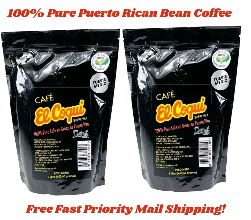 EL COQUI 100% Pure Puerto Rican Whole Bean Coffee 2PKS /1 Lb. FREE FAST SHIPPING