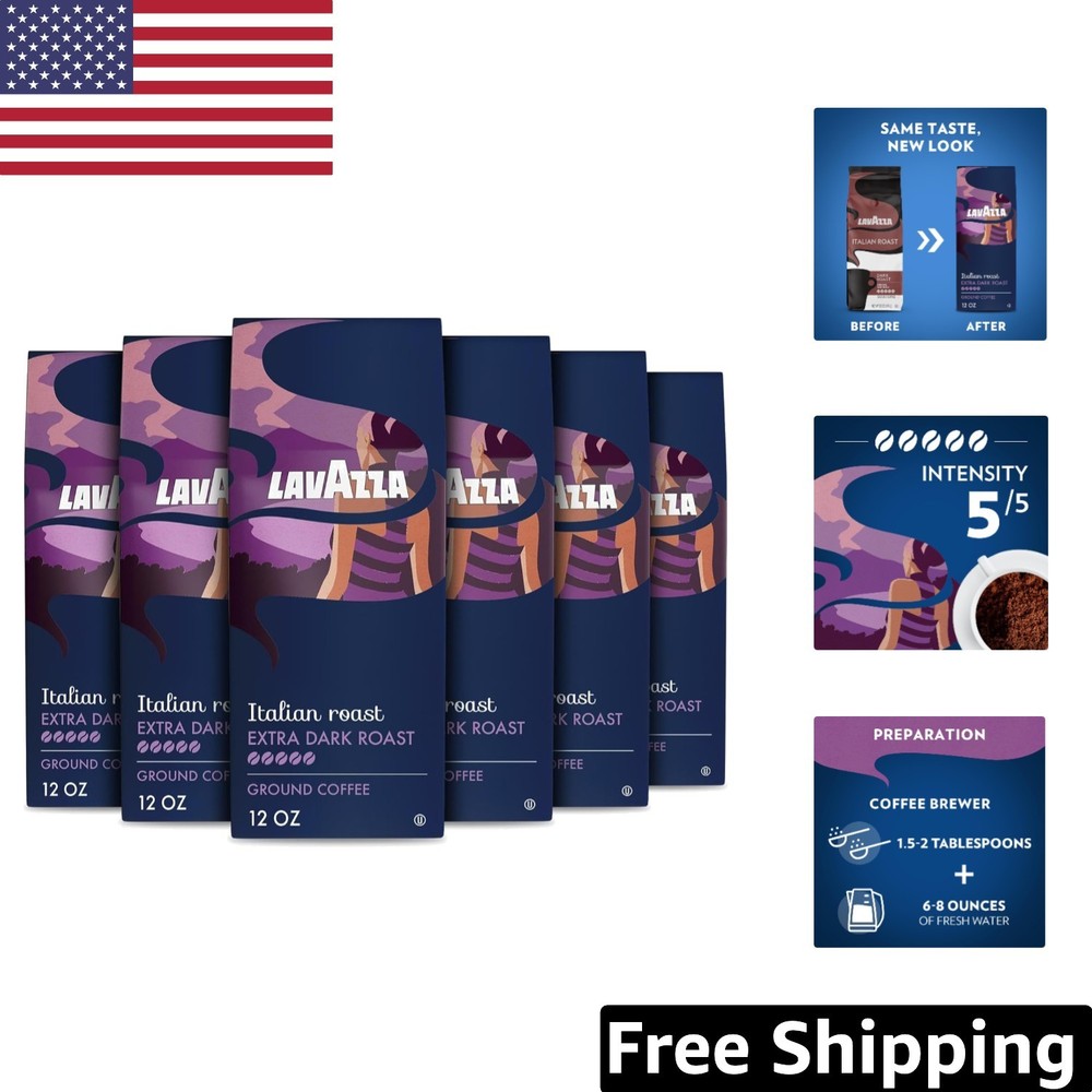 Pack of 6 Italian Ground Coffee Bags – Dark Roast, Intensity 5/5, 72oz Total