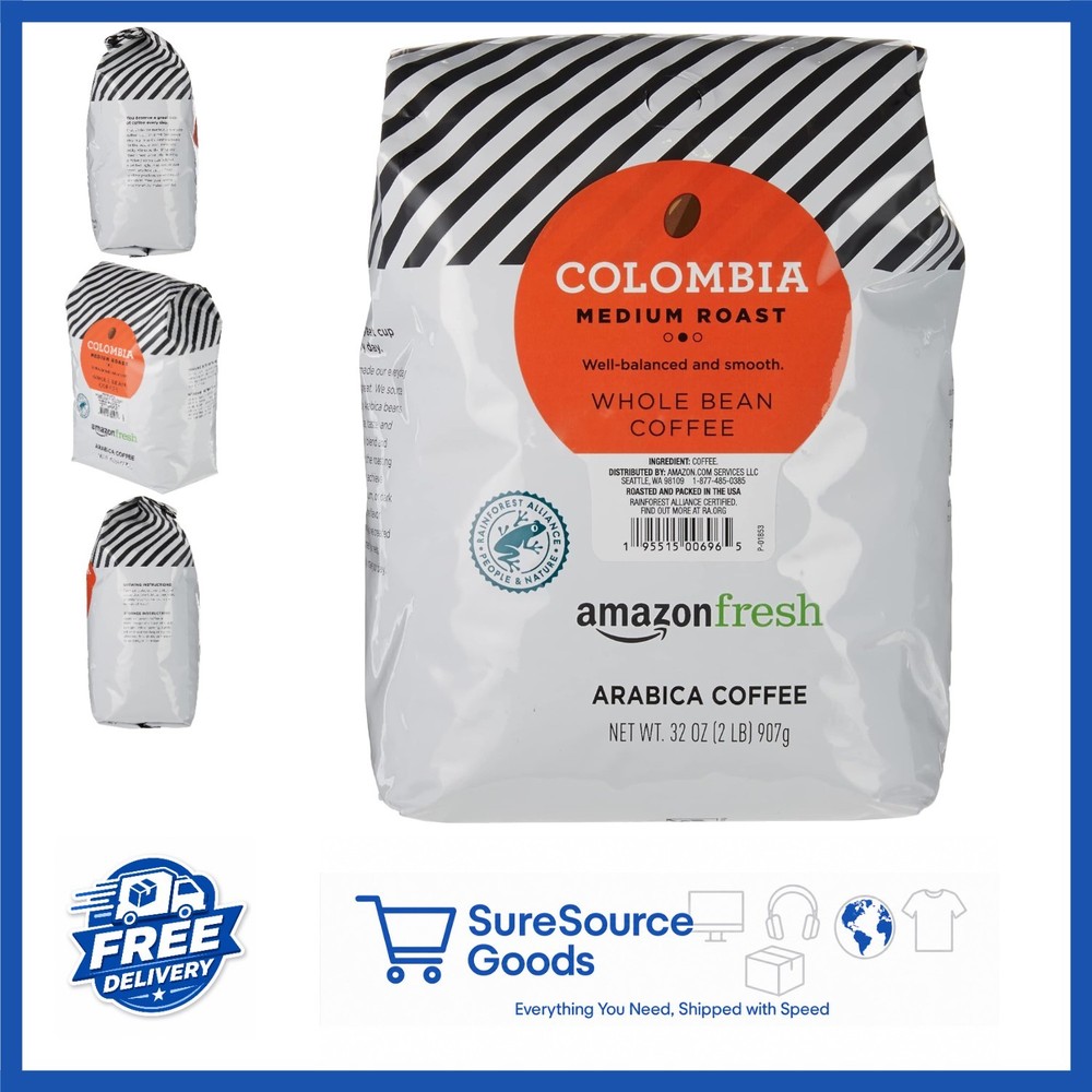 Colombia Medium Roast Whole Bean Coffee 32 Oz Balanced Full-Bodied Flavor