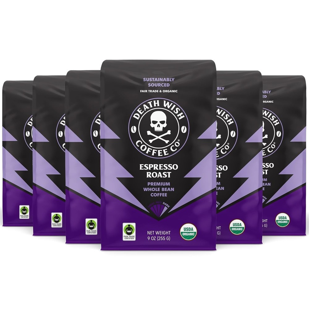 Death Wish Coffee, Espresso Roast Whole Bean (9 oz, 6 9 Ounce (Pack of 6)