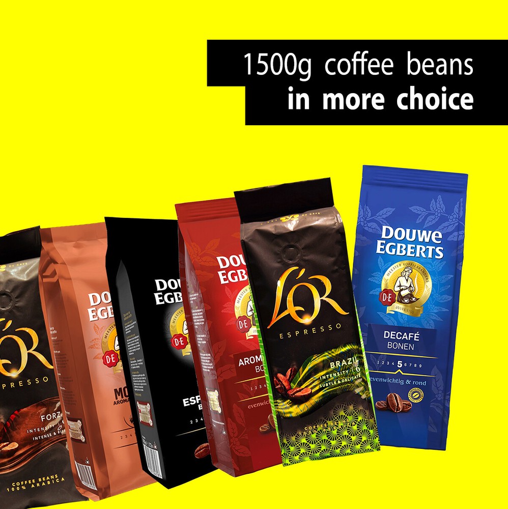 1500g Douwe Egberts & L’OR coffee beans, Aroma red, Decaf, Espresso, Mocca