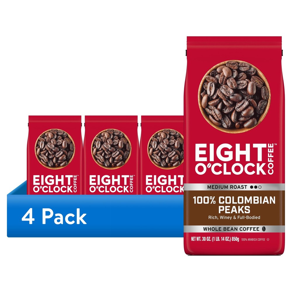 4 pack Eight O’Clock Coffee Medium Roast Whole Bean 100% Colombian Peaks 30 oz