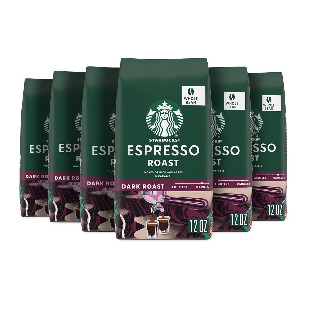 Starbucks Whole Coffee Beans, Dark Roast Hot or Iced Coffee, Espresso Roast, Six