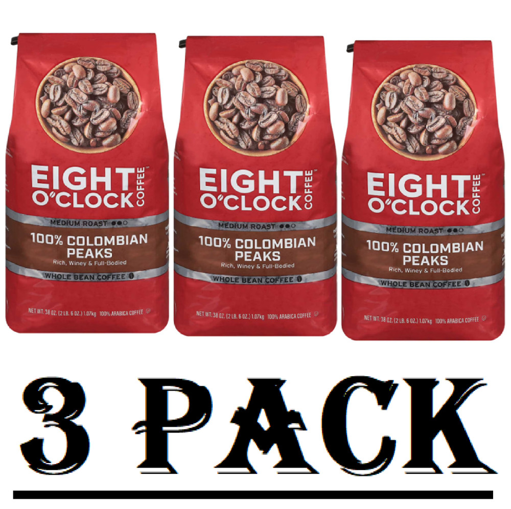 3 pack Eight O’Clock Medium Roast Whole Bean Coffee, 100% Colombian Peaks 38 oz.