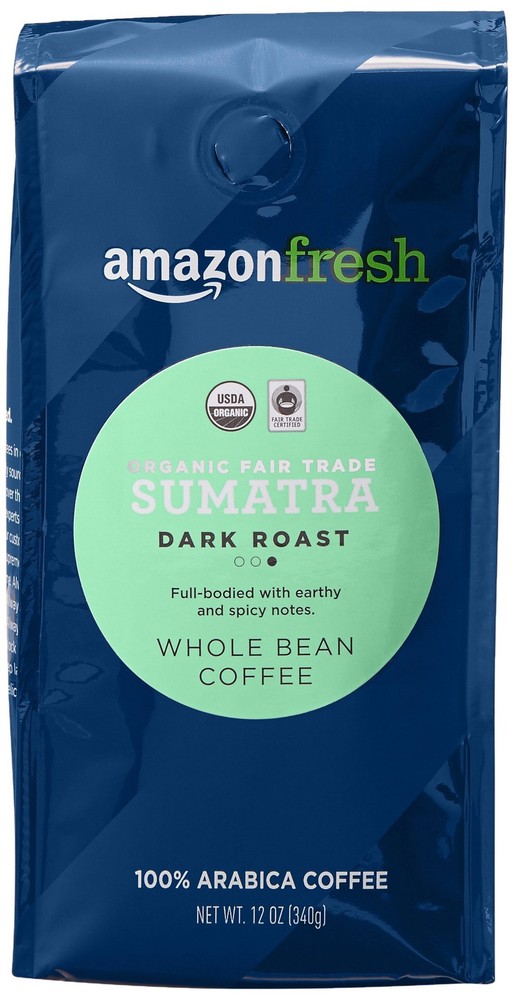 Organic Fair Trade Sumatra Whole Bean Coffee, Dark Roast, 12 Ounce