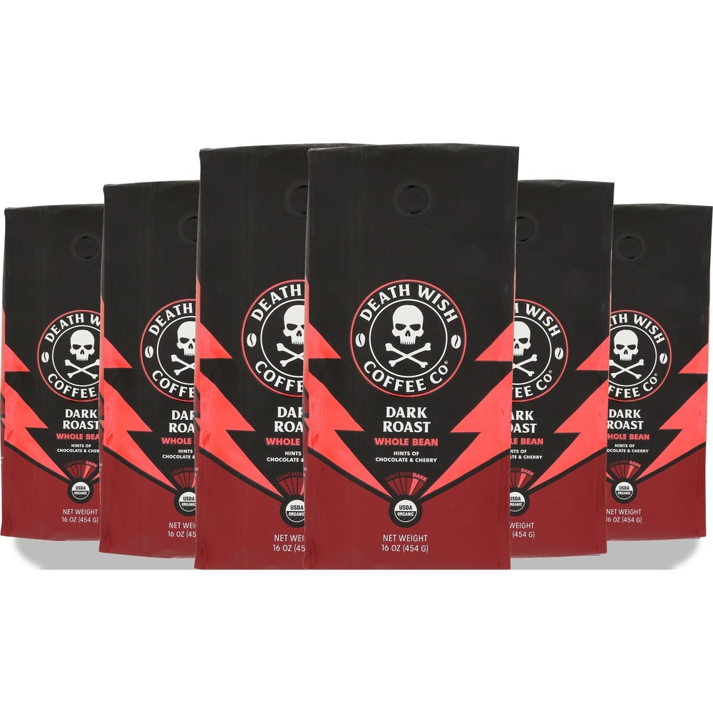 Dark Roast Whole Bean Coffee By Death Wish 16 Oz Chocolate 6 Pack
