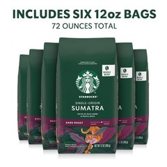 Dark Roast Whole Coffee Beans, Single-Origin Sumatra, 6x12oz Bags, Hot/Iced Brew