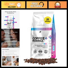 Organic Whole Bean Coffee with Moringa – Medium Roast, Vegan, Gluten-Free, 12 oz