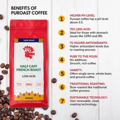 Puroast Low Acid Coffee Half Caff | Half Caff French Roast Ground | Dark Roast |