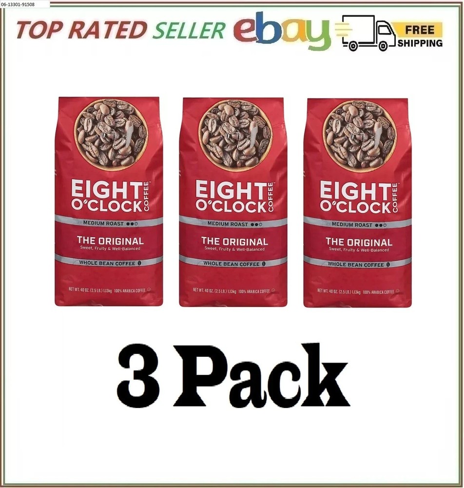 3 Pack – Eight O’Clock Medium Roast Whole Bean Coffee, The Original, 40 oz.