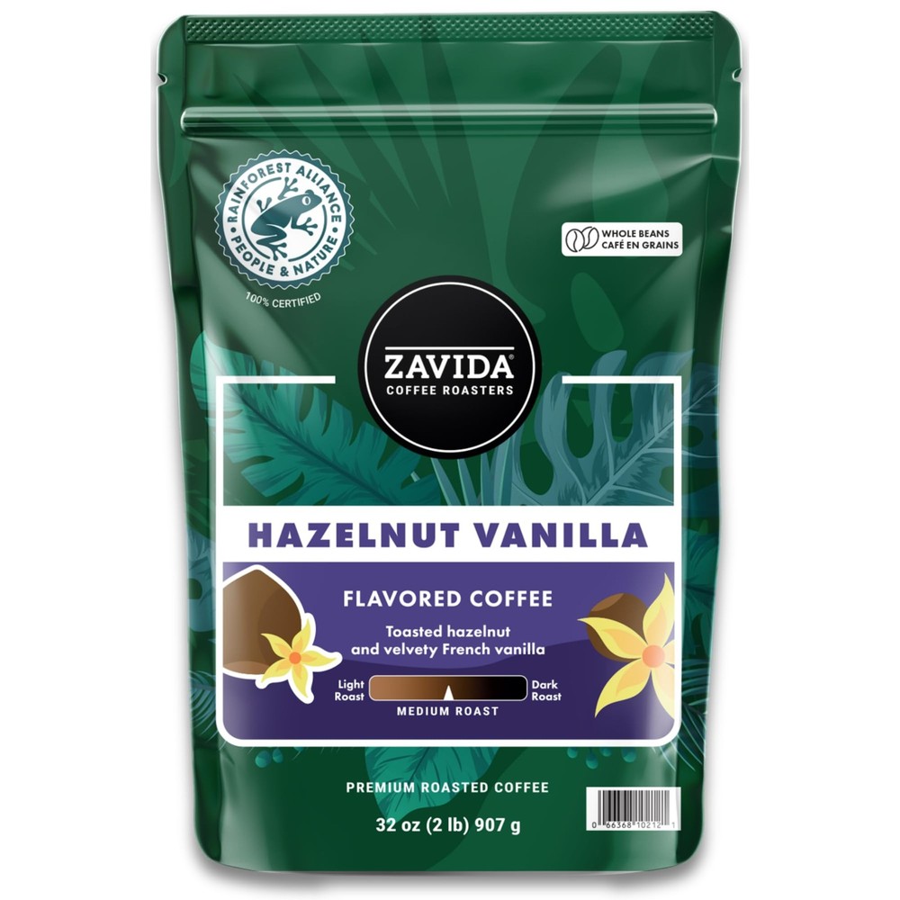 Zavida Hazelnut Vanilla Whole Bean (32 OZ), 32 Ounce, 2 32 Ounce (Pack of 1)