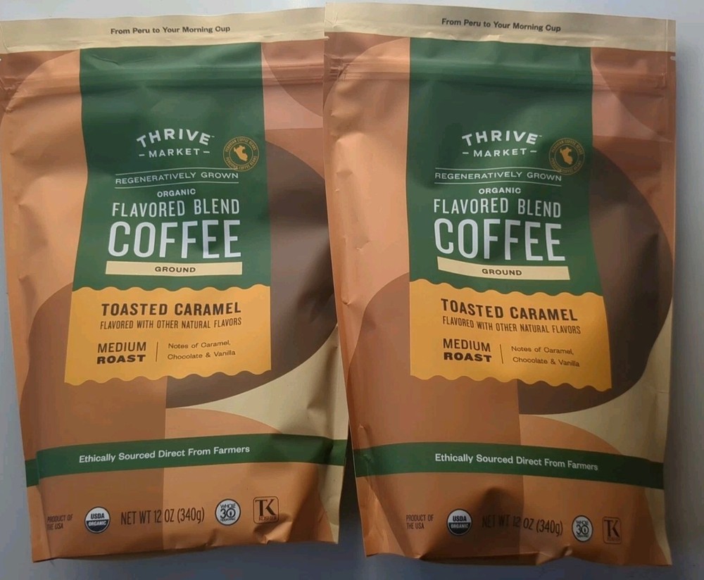 LOT 2 Thrive Market TOASTED CARAMEL Coffee Organic GROUND MEDIUM ROAST 12 OZ EA