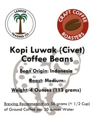 Kopi Luwak Coffee 4 Oz (113 grams) – Whole Bean – Medium Roast – 100% Pure