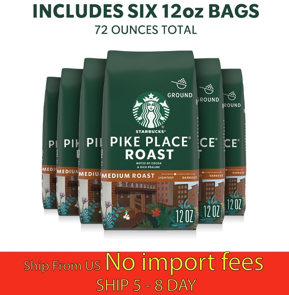 (6 Pack) Starbucks Pike Place Medium Roast Whole Bean Coffee 12oz…(wa)