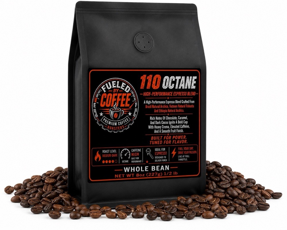 FUELED BY COFFEE 110 Octane High-Performance Espresso Blend 8oz Bag Whole Bean