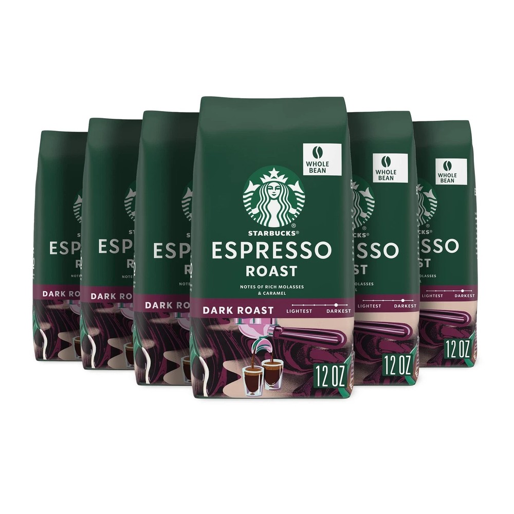 Starbucks Whole Coffee Beans, Dark Roast Hot or Iced Coffee, Espresso Roast, Six