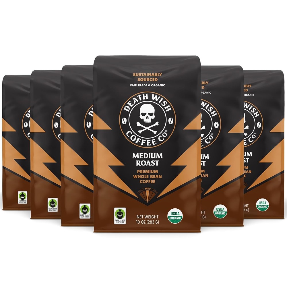 Death Wish Coffee, Medium Roast Whole Bean (10 oz, 6 pack) 9 Ounce (Pack of 6)