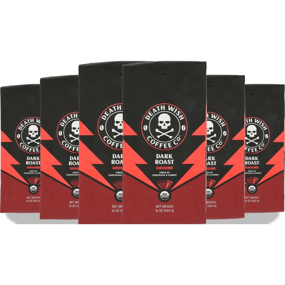 Death Wish Coffee Ground Dark Roast 16 Oz Bag Chocolate 6 Pack