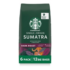 Dark Roast Whole Coffee Beans, Single-Origin Sumatra, 6x12oz Bags, Hot/Iced Brew