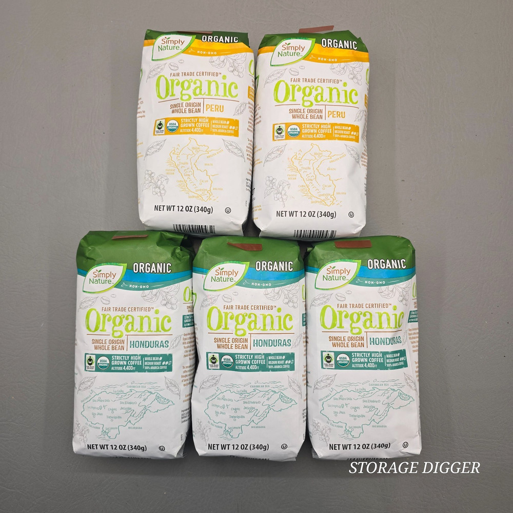 NEW 5 Bags of Simply Nature Organic Single Origin Whole Bean Coffee 12 oz (340g)