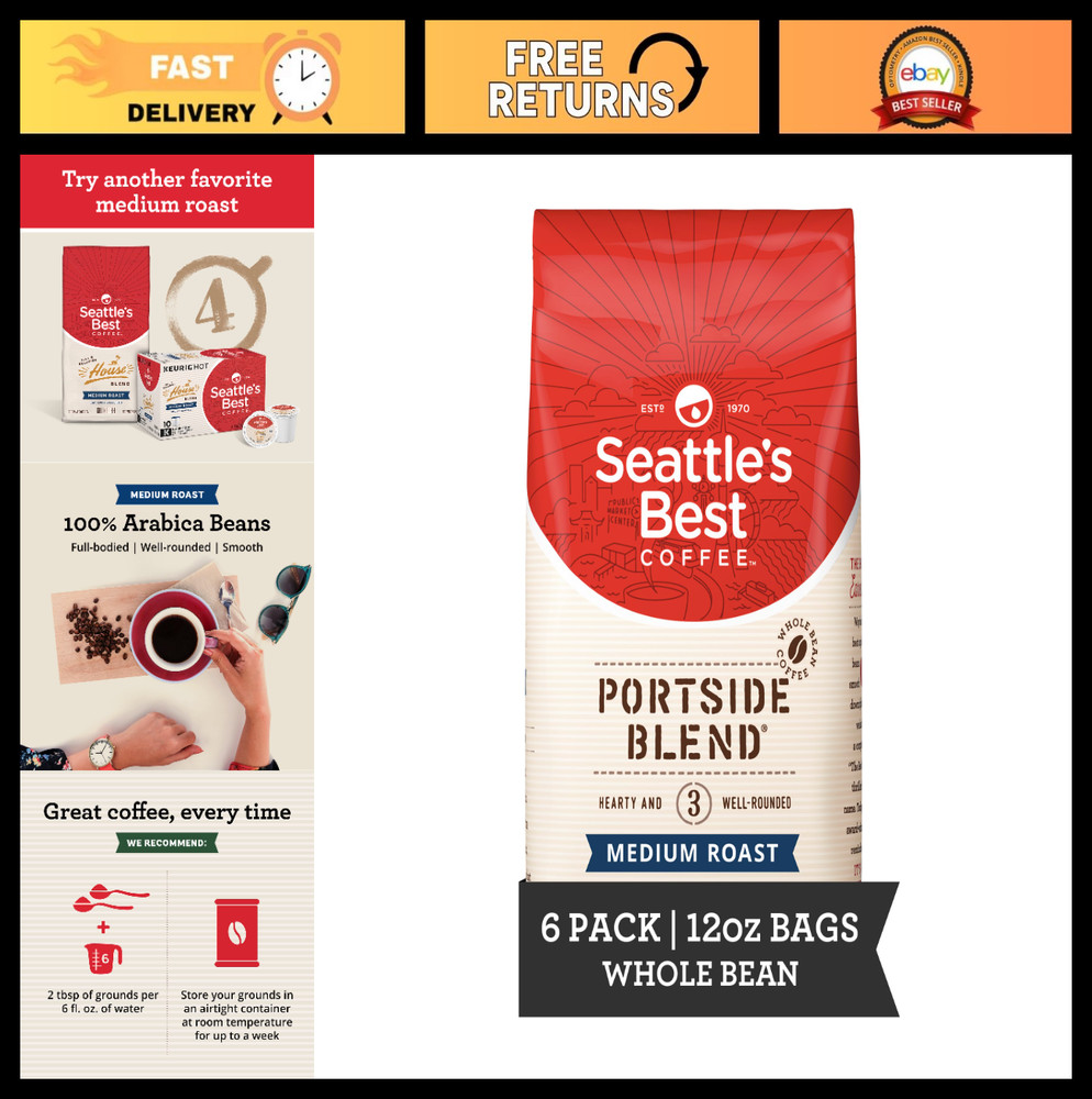 Medium Roast Whole Bean Coffee – Portside Blend, 12oz Bags (Pack of 6)