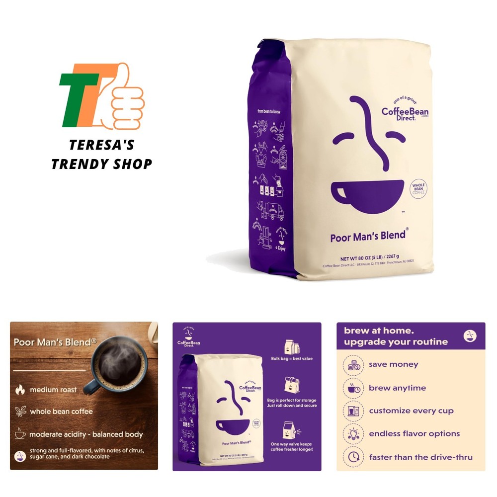 Poor Man’s Blend, Whole Bean Coffee, Everyday Value, Medium Roast, 5 Pound Ba…