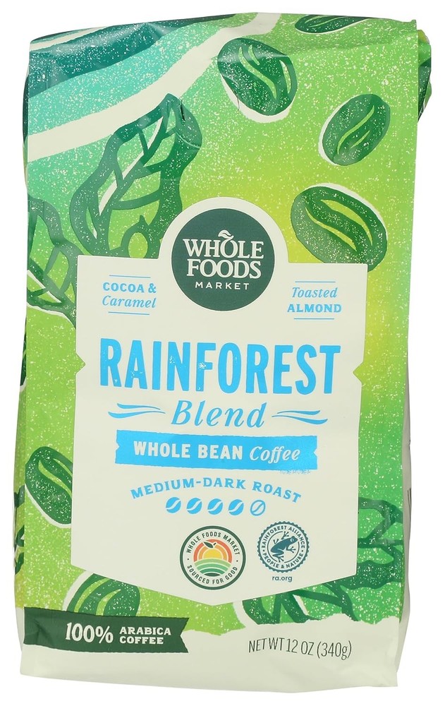 Rainforest Blend Medium-Dark Roast Whole Bean Coffee Cocoa Caramel & Toasted