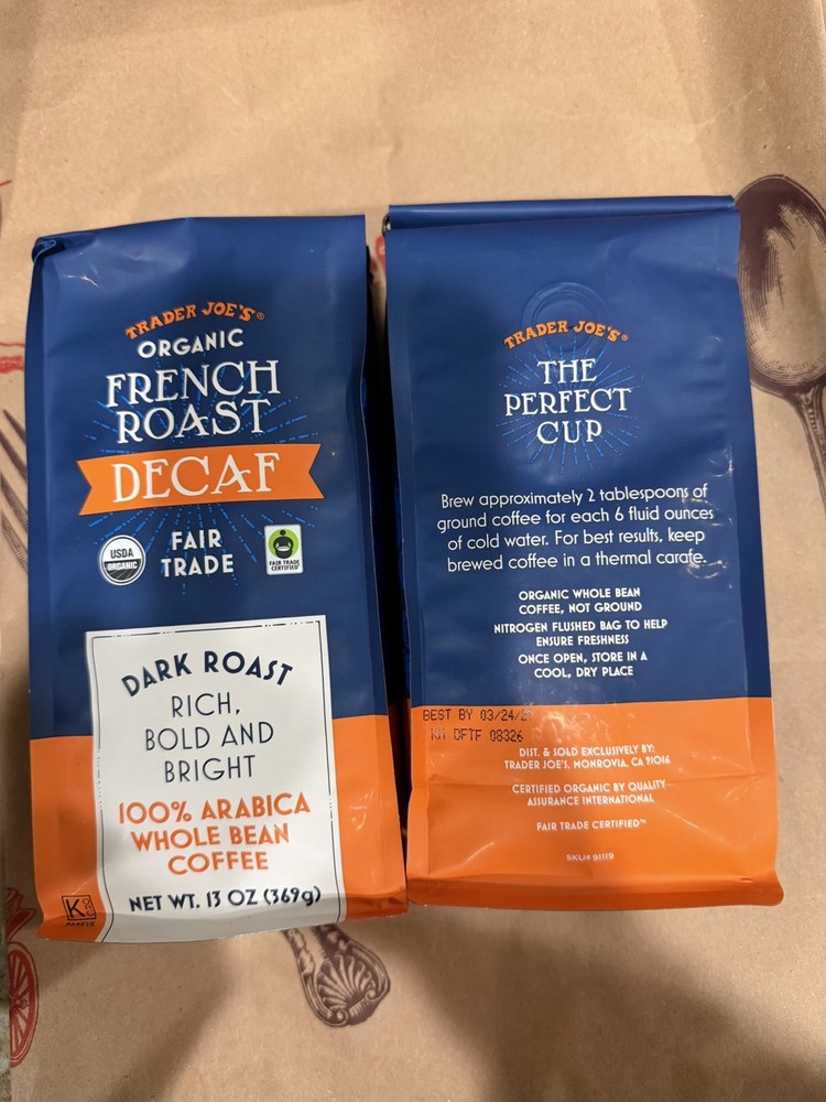 2 Packs Trader Joe’s Organic Decaf Fair Trade French Coffee Bean 13 oz Each Pack