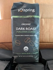 Solspring Organic Peruvian Dark Roast Coffee, 16 oz Decaf Whole Bean Qty 6